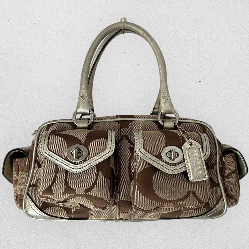 Authentic Vintage Coach Signature Canvas Turnlock Pocket Satchel Bag