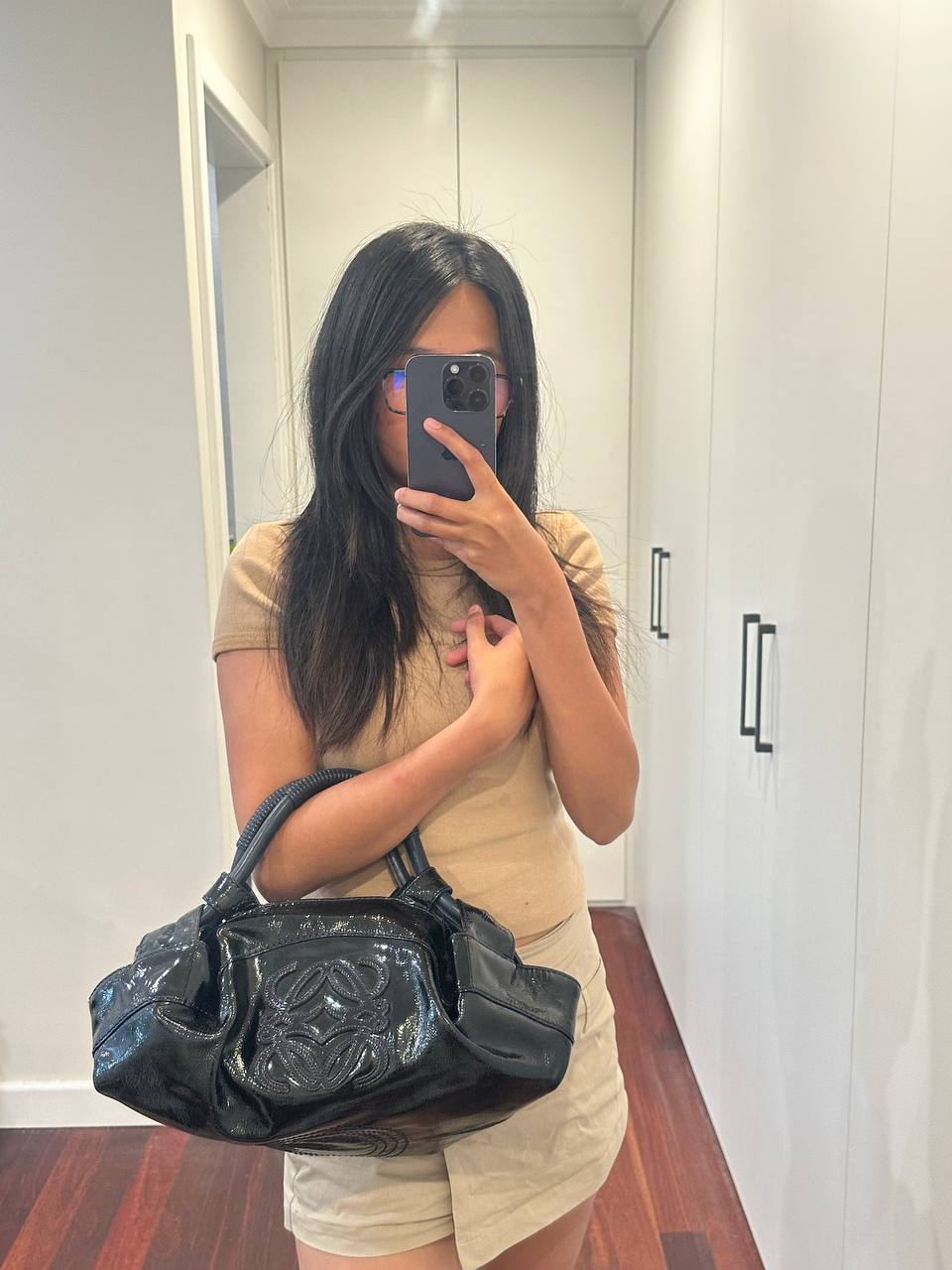 Authentic Vintage Loewe Nappa Aire Anagram Patent Leather Shoulder Bag