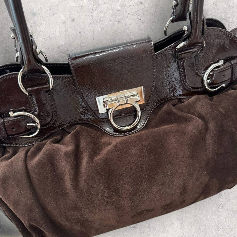 Authentic Vintage Salvatore Ferragamo Gancini Suede Shoulder Bag