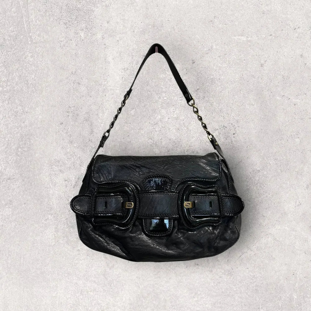 Authentic Vintage Fendi Buckle B Patent Leather Shoulder Bag