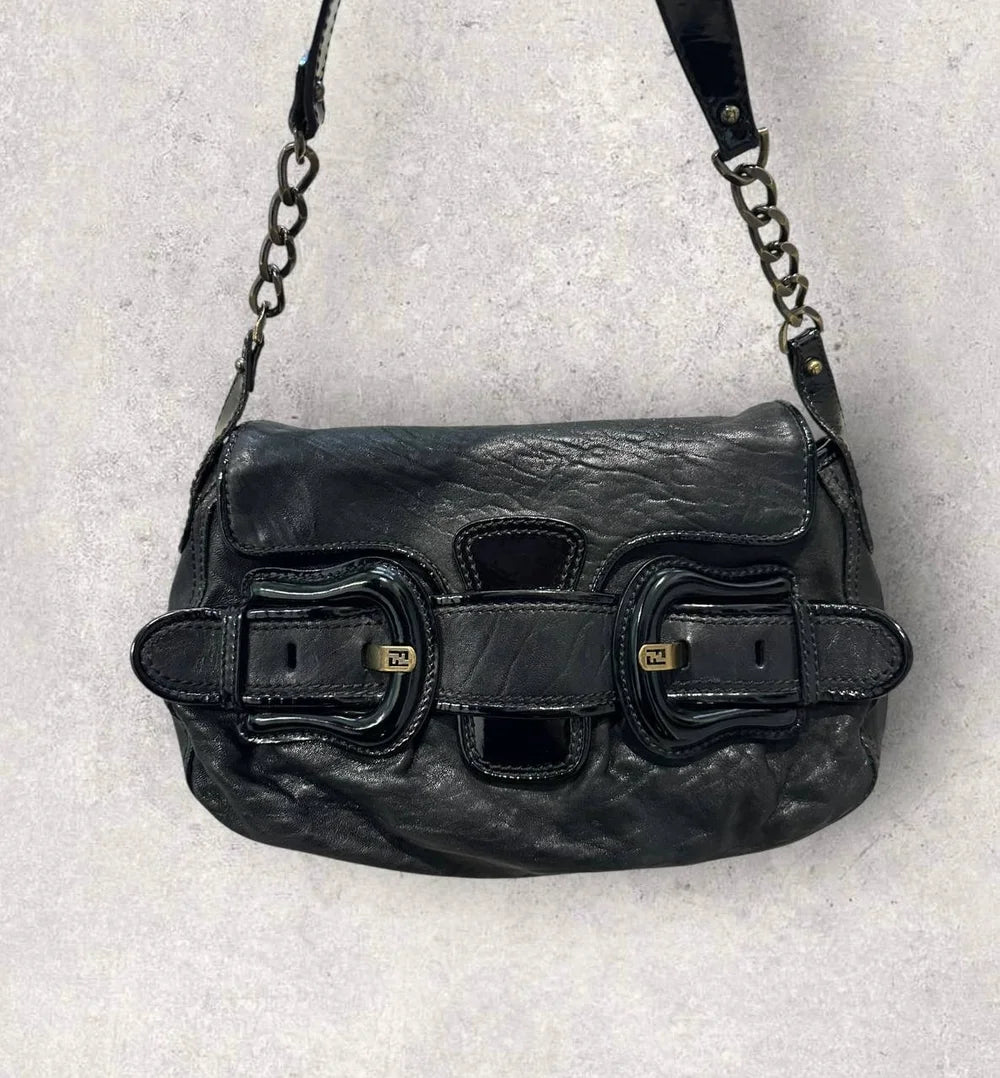 Authentic Vintage Fendi Buckle B Patent Leather Shoulder Bag
