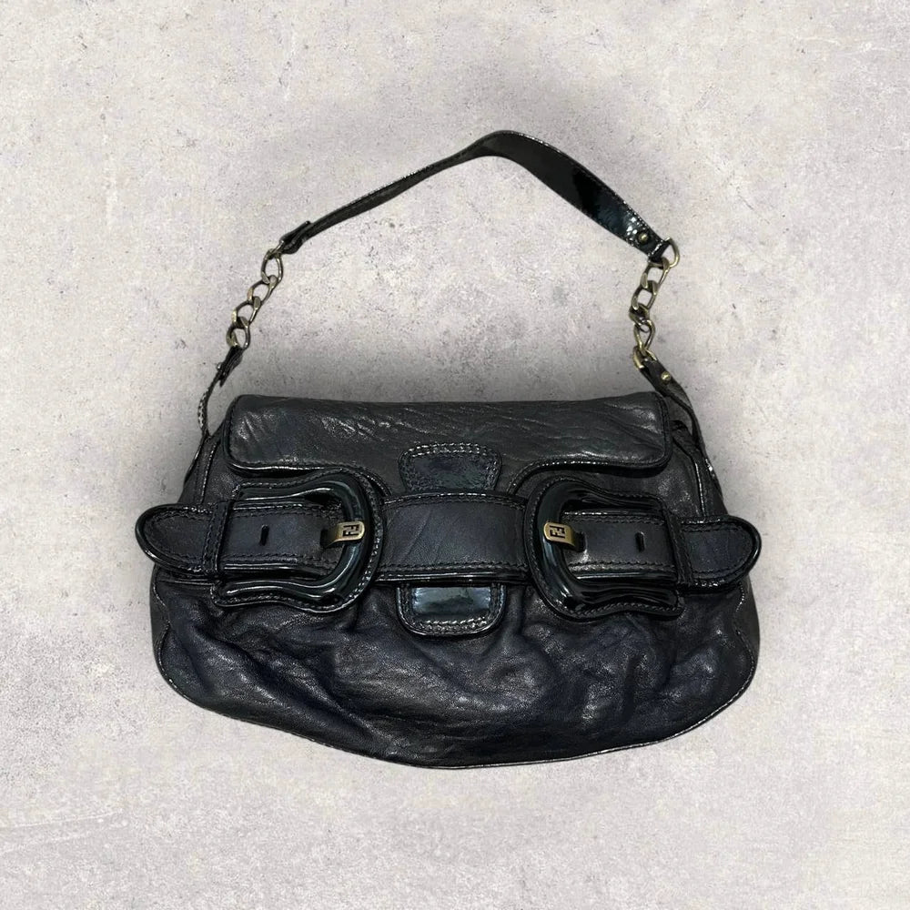 Authentic Vintage Fendi Buckle B Patent Leather Shoulder Bag