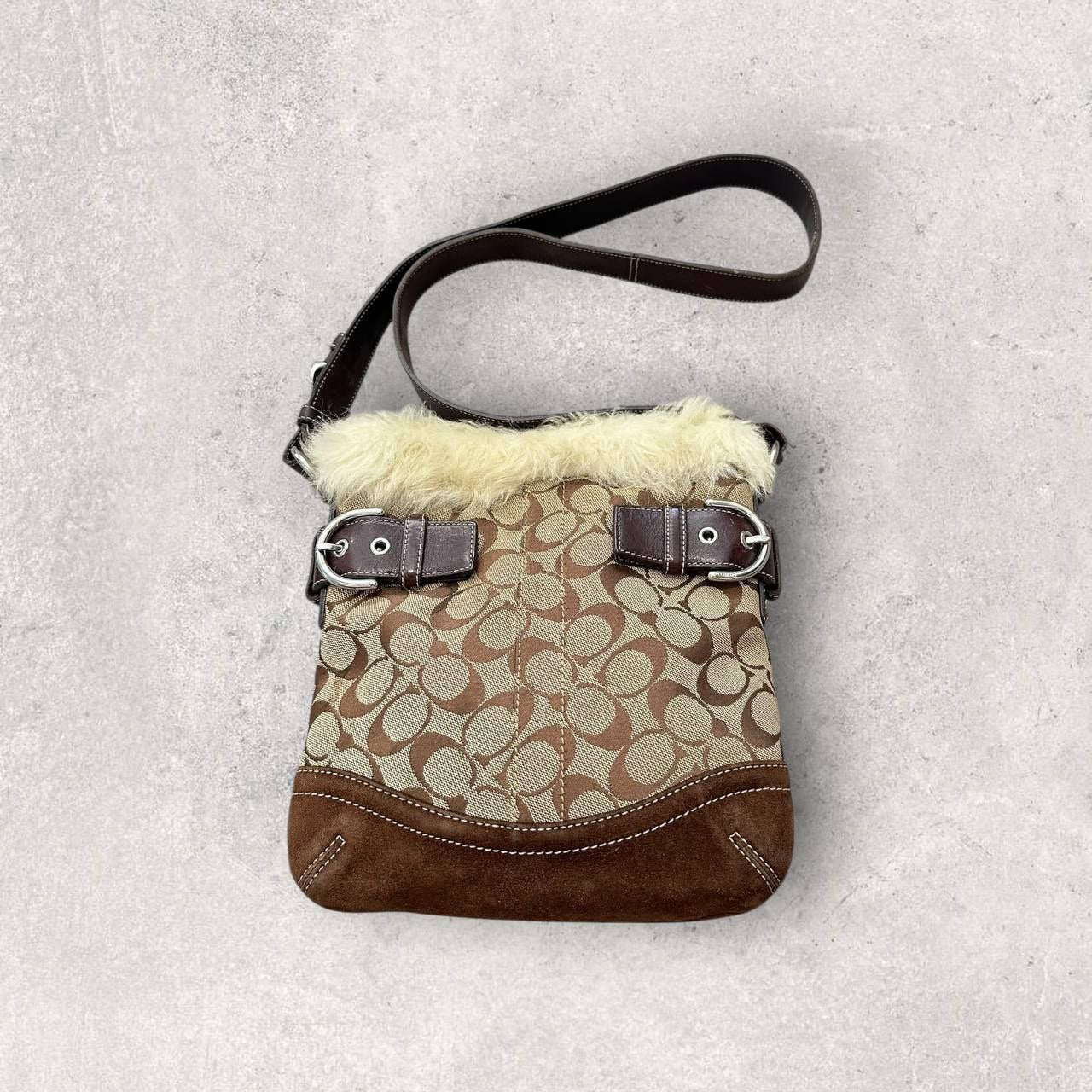 Authentic Vintage Coach Signature Canvas Fur Crossbody Bag
