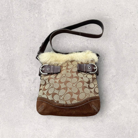 Authentic Vintage Coach Signature Canvas Fur Crossbody Bag