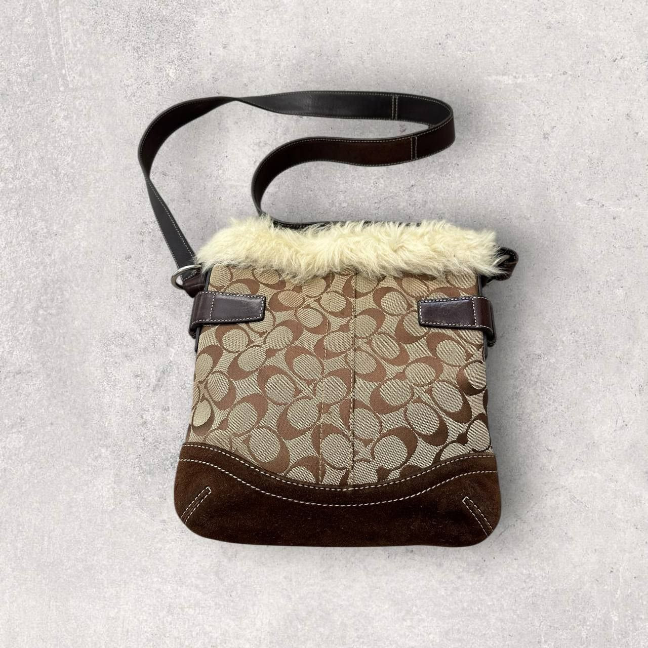 Authentic Vintage Coach Signature Canvas Fur Crossbody Bag
