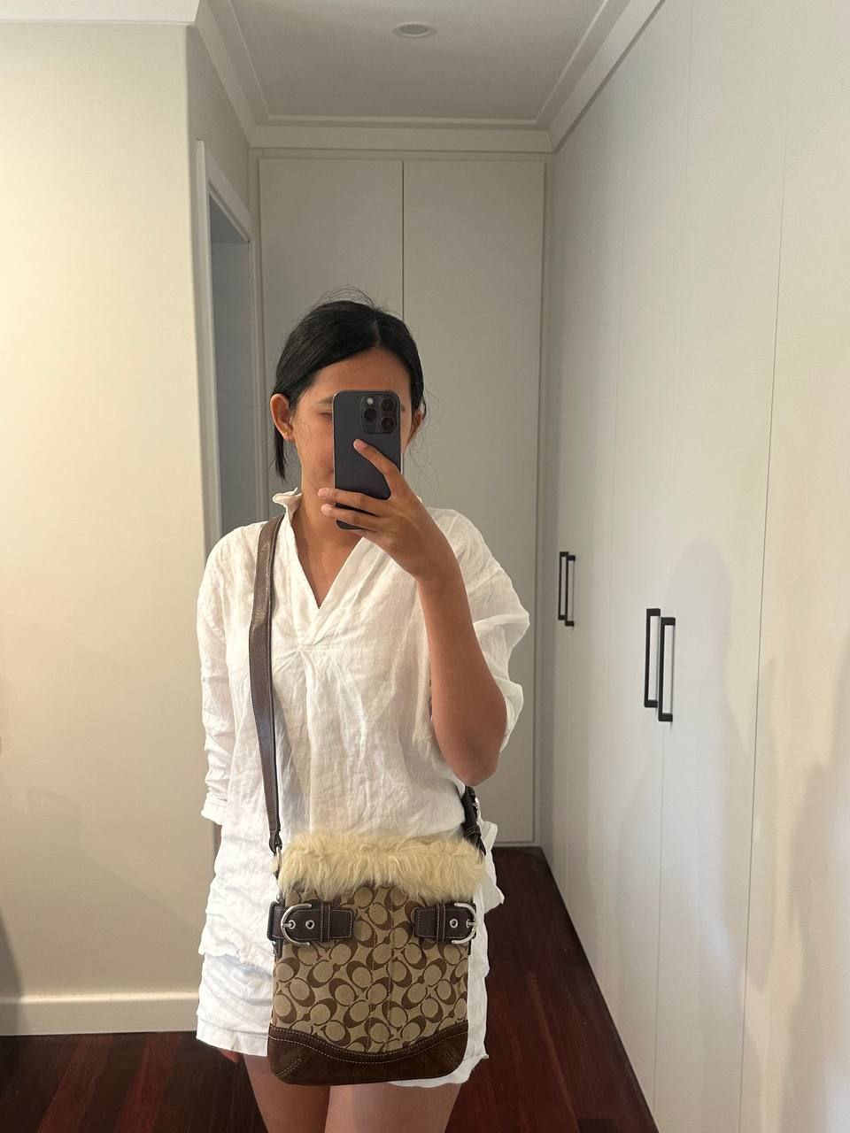 Authentic Vintage Coach Signature Canvas Fur Crossbody Bag
